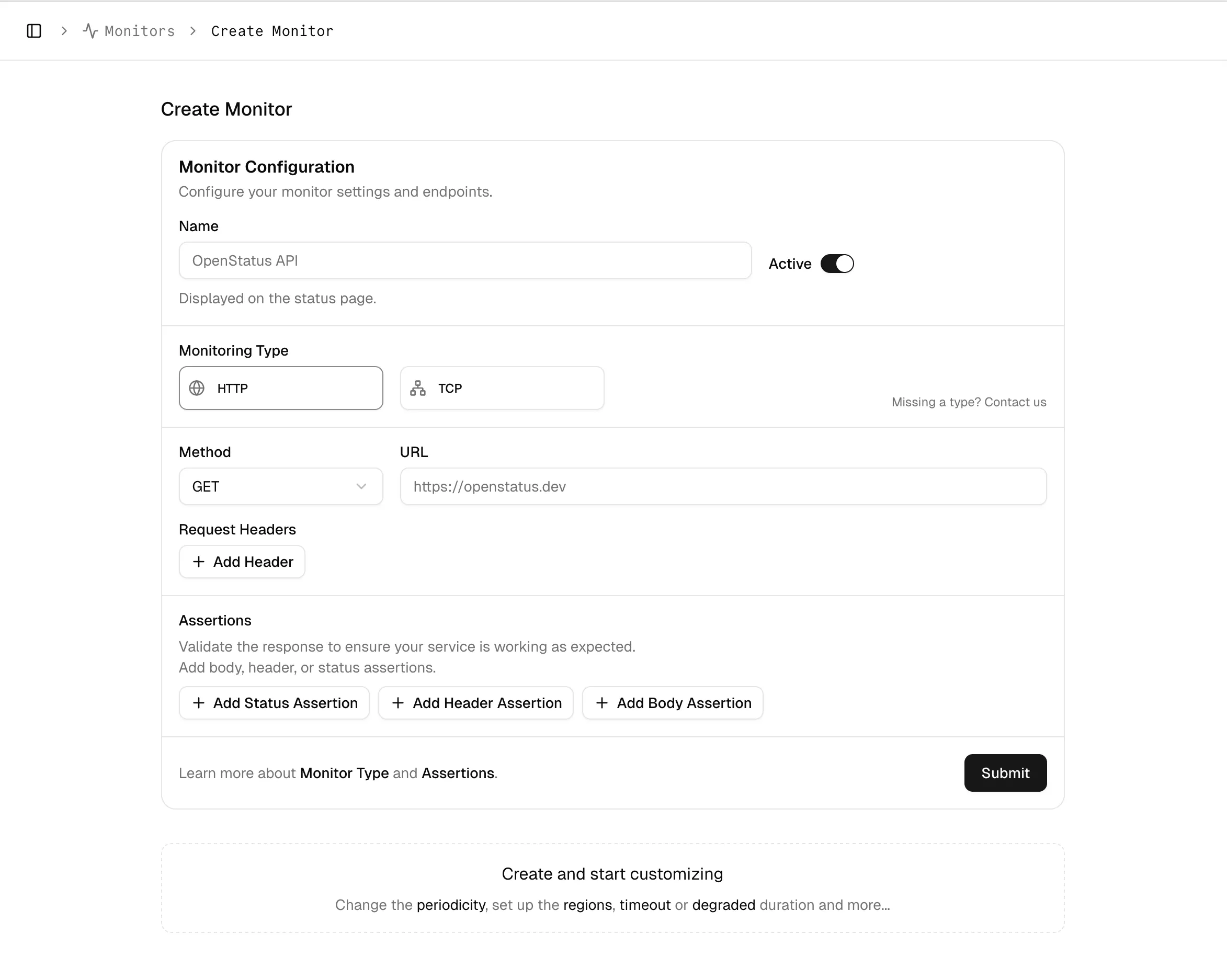 Monitor creation form with name and URL fields